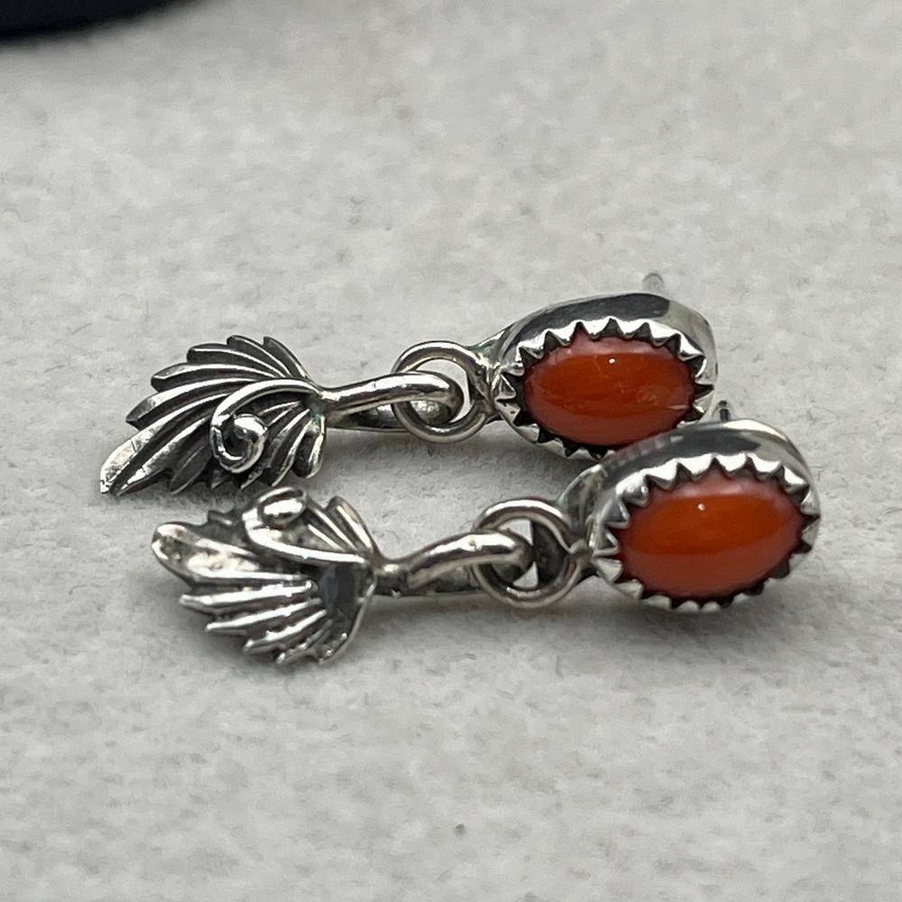 Sterling silver and orange stone earrings with dangling leaves